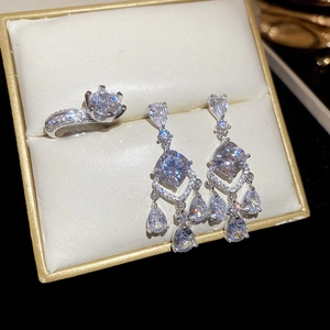 Silver drop tassel earrings and sparkling zircon ring set in premium leather jewelry box