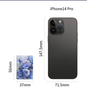 Size comparison between vintage material paper booklet and iPhone showing 56mm x 37mm dimensions