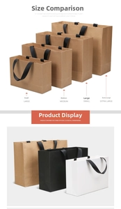 Size comparison of four kraft paper shopping bags from small to extra large with ribbon handles