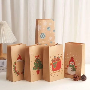 Set of 5 natural brown kraft paper Christmas gift bags with snowflake and snowman patterns