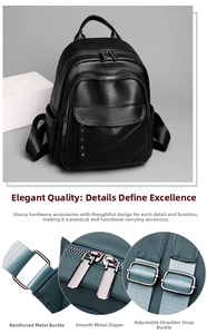 Detailed view of black pebbled leather backpack with silver zippers and hardware accents