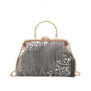 Elegant grey velvet evening bag with silver sequins, gold ring handle and chain strap