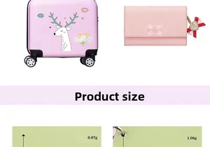 Detailed size comparison of embroidered flower patches on suitcases and wallets