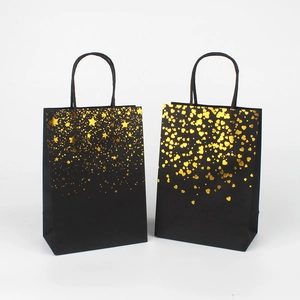 Kraft Paper Gift Bags With Handles Gold Foil Stamping Star Heart Clover Patterns For Wedding Party Celebration Packaging