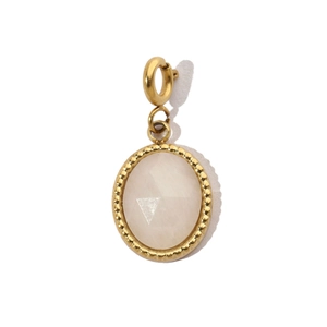 Macro view of teardrop pink stone pendant with gold beaded bezel and clasp detail
