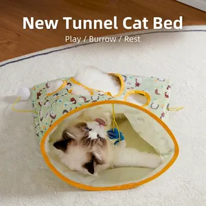 Interactive Collapsible Cat Tunnel Toy Polyester Crinkle Paper Pet Play Bag With Hanging Plush Ball Cartoon Print Indoor