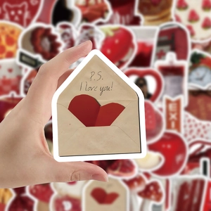60pcs red aesthetic graffiti stickers featuring heart envelope with P.S. I love you text
