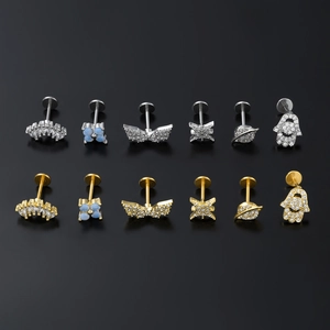 316L stainless steel geometric labret studs with cubic zirconia in silver and gold