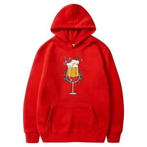 Red Christmas hoodie with Santa's Drink print featuring kangaroo pocket and drawstrings