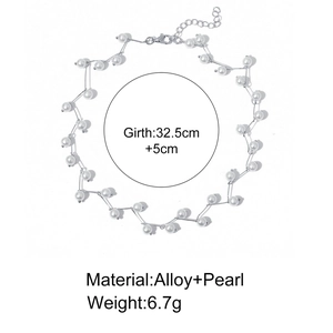 Detail showing pearl choker dimensions 32.5cm plus 5cm extender with alloy and pearl material