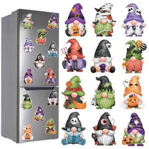 Detailed set of magnetic Halloween gnome stickers featuring pumpkins and skulls for decoration