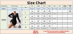 Detailed size chart for lace bodycon dress showing S to XL measurements in cm and inches