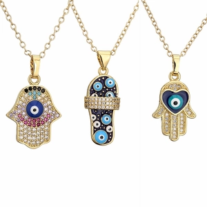 Copper Evil Eye Hamsa Hand Pendant Necklace Gold Plated Micro Pave Zircon Heart Flip Flop Fashion Jewelry Women