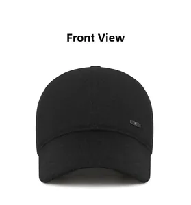 Detailed front view of black winter baseball cap with ear flaps and metal logo plate