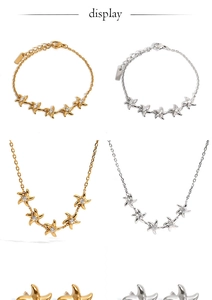 Close-up of star-shaped zircon jewelry set in gold and silver finishes on grid
