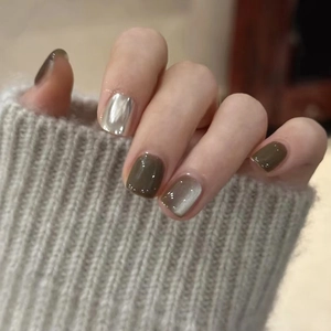 Press On Nails Vintage Brown Cat Eye Effect Glossy ABS Artificial Nails Short Square Round Elegant For Women