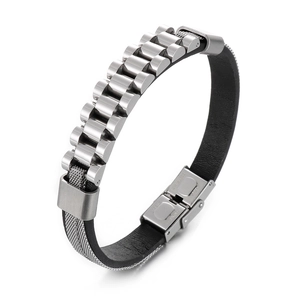 Men's stainless steel leather strap bracelet with silver mesh links and folding clasp
