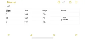 Detailed size chart for striped knit sweater showing bust and length measurements
