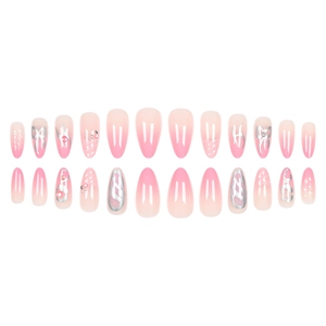 Pink gradient almond press-on nails with silver bow patterns and 3D pearls, 24 pieces set