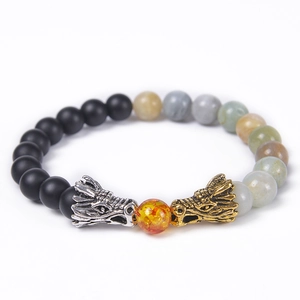 Natural stone dragon head bracelet with matte onyx and tiger eye beads for couples