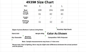 Size chart for embroidered knit jacket showing S, M, L dimensions in centimeters