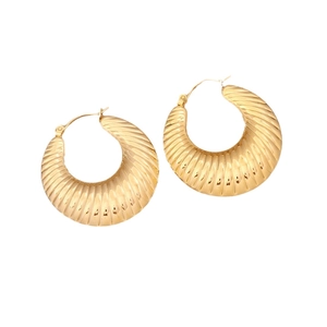 Golden geometric stainless steel hoop earrings with textured vertical ribbed pattern