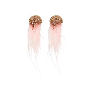 Elegant long pink feather tassel earrings with sparkling rhinestones and gold base