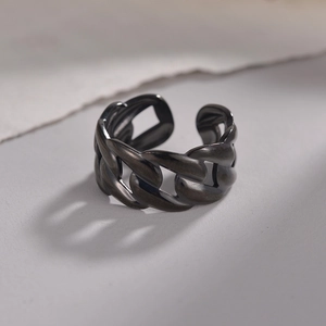 Matte black stainless steel Cuban chain link open ring with an adjustable band design