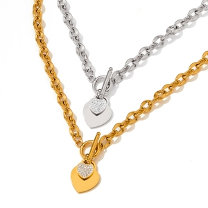 Polished gold and silver OT buckle necklaces with double heart rhinestone pendants