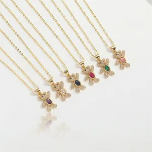 Set of six bear pendant necklaces with colorful oval stones and sparkling crystals