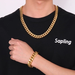 Ensemble collier et bracelet gourmette pour homme en acier inoxydable doré hip hop