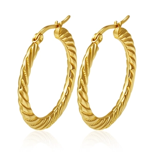 Twisted gold hoop earrings with embossed texture and polished 18K finish for women