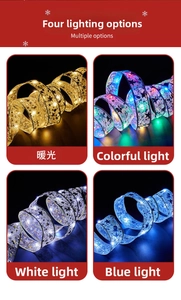 Detail of Christmas ribbon LED lights showing warm, white, blue and colorful lighting effects