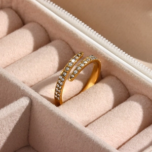 Minimalist Stainless Steel Open Ring For Women Gold Plated Double Row Rhinestone Adjustable Geometric Finger Ring Jewelry