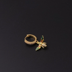 Gold bee hoop earring with micro-pave zircons and colorful enamel wings over black background
