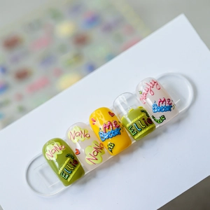 5D stereoscopic 3D embossed nail stickers featuring colorful graffiti and typography designs
