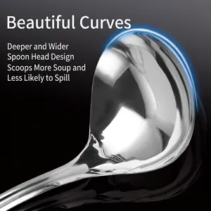Deepened and widened stainless steel heart-shaped soup ladle with mirror polish finish