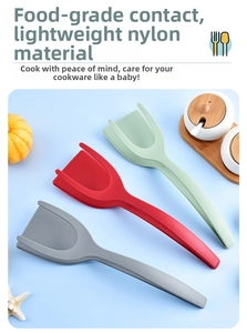 Three-piece nylon spatulas in red, grey, and green for non-stick pans and safe food use