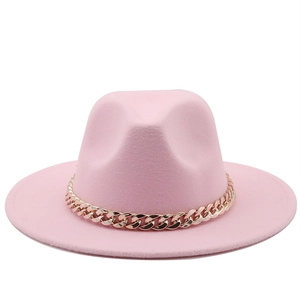 Pink wool felt fedora hat with gold chain band in classic British jazz style