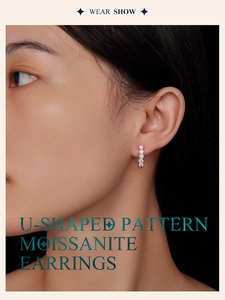 On-ear display of U-shaped sterling silver earrings featuring sparkling moissanite stones
