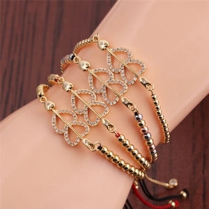 Double Heart Cupid Arrow Bracelet Copper White Zircon Micro Inlay Adjustable Braided Rope Chain Jewelry