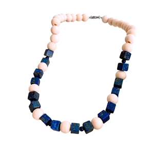 Vintage lapis lazuli and wood bead necklace with elegant gold speckled stone details