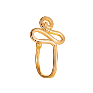 Detailed view of punk style gold U-shaped nose ring with spiral cloud pattern design