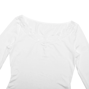 Close-up of the elegant white lace trim detail on a slim-fit V-neck long sleeve top