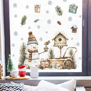 Christmas Wall Stickers Snowman Birdhouse Snowflakes Watercolor PVC Removable Window Decals Home Holiday Decor