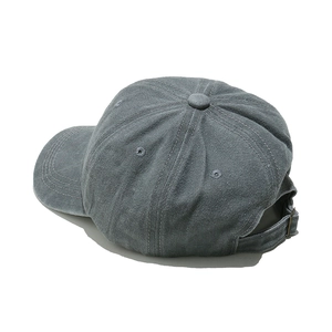 Detail view of washed grey vintage cotton baseball cap with adjustable strap and stitching