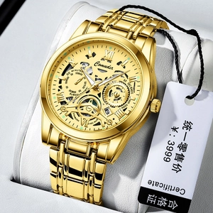 Golden men's business watch with skeleton dial and luminous hands on watch pillow