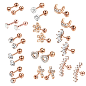 Rose gold stainless steel cartilage earrings set with zircon and opal studs