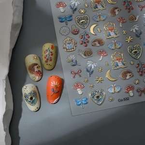 5D vintage embossed nail stickers with gold fox and owl patterns model Co-532