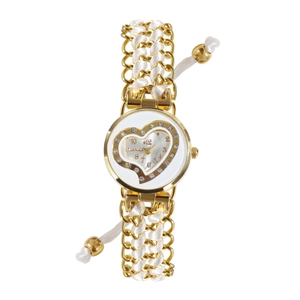 Elegant ladies gold quartz watch with rhinestone heart dial and woven chain strap